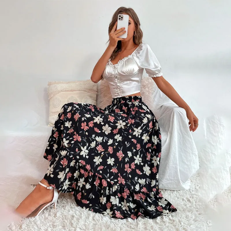 Allover Floral Print Ruffle Hem Skirt