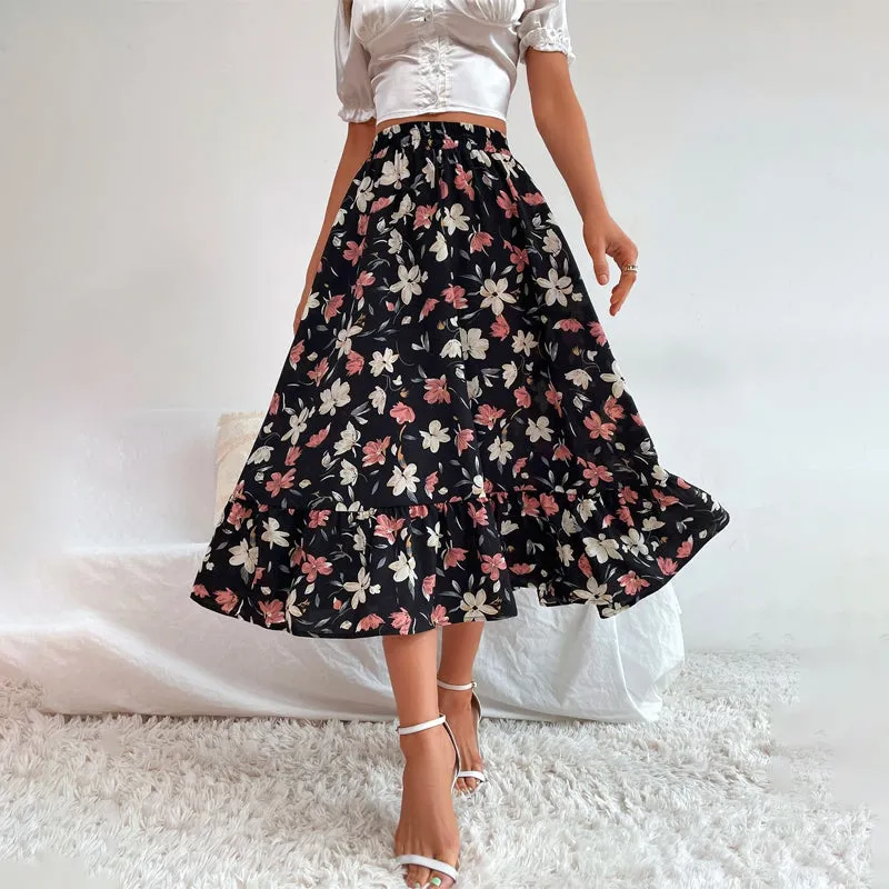 Allover Floral Print Ruffle Hem Skirt