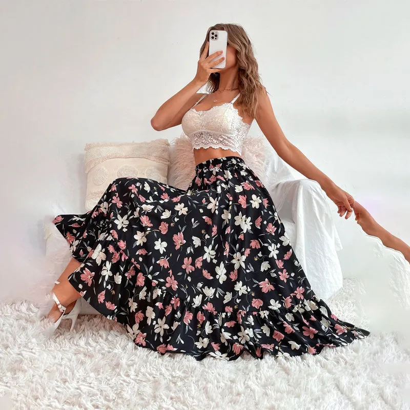 Allover Floral Print Ruffle Hem Skirt