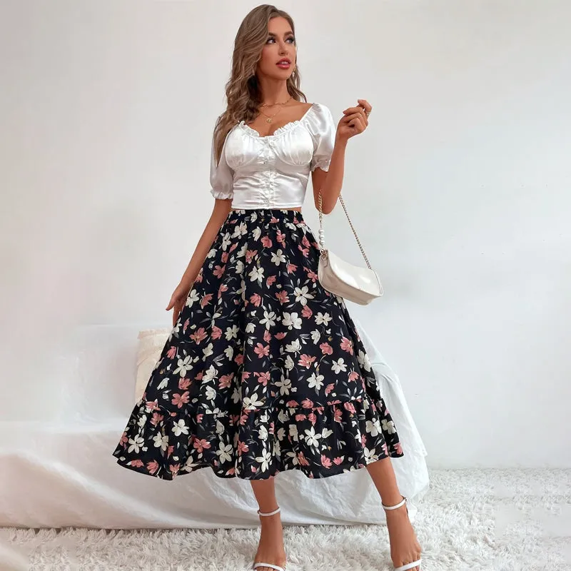 Allover Floral Print Ruffle Hem Skirt