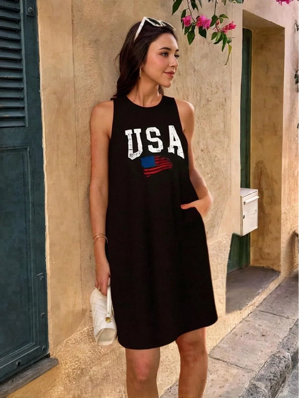 American Flag Mini Dress Women USA Flag July 4th Mini Sleeveless Dress Beach Sundress