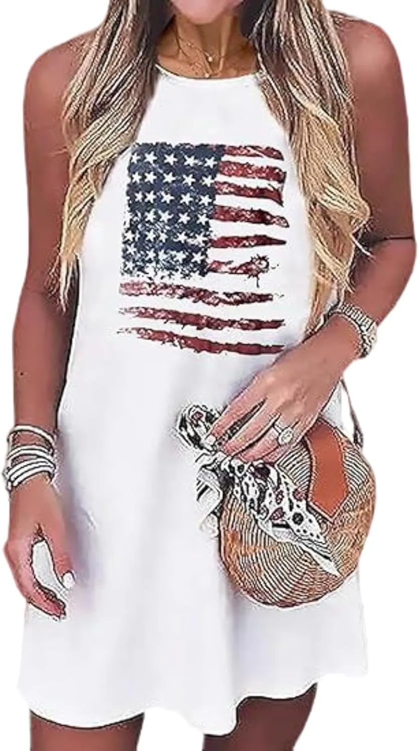 American Flag Mini Dress Women USA Flag July 4th Mini Sleeveless Dress Beach Sundress