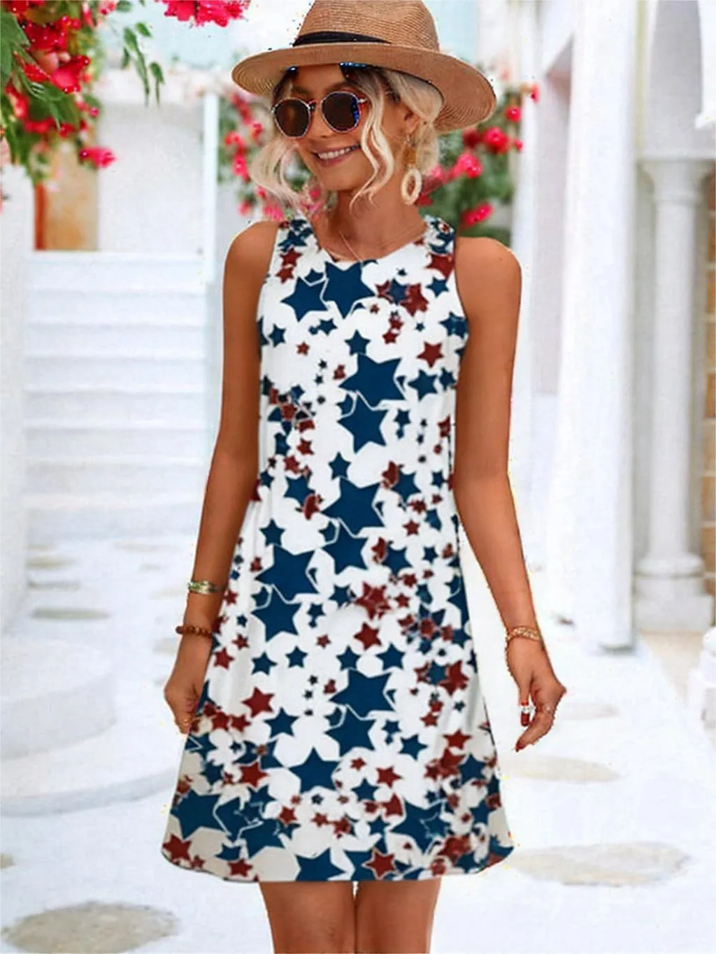 American Flag Mini Dress Women USA Flag July 4th Mini Sleeveless Dress Beach Sundress