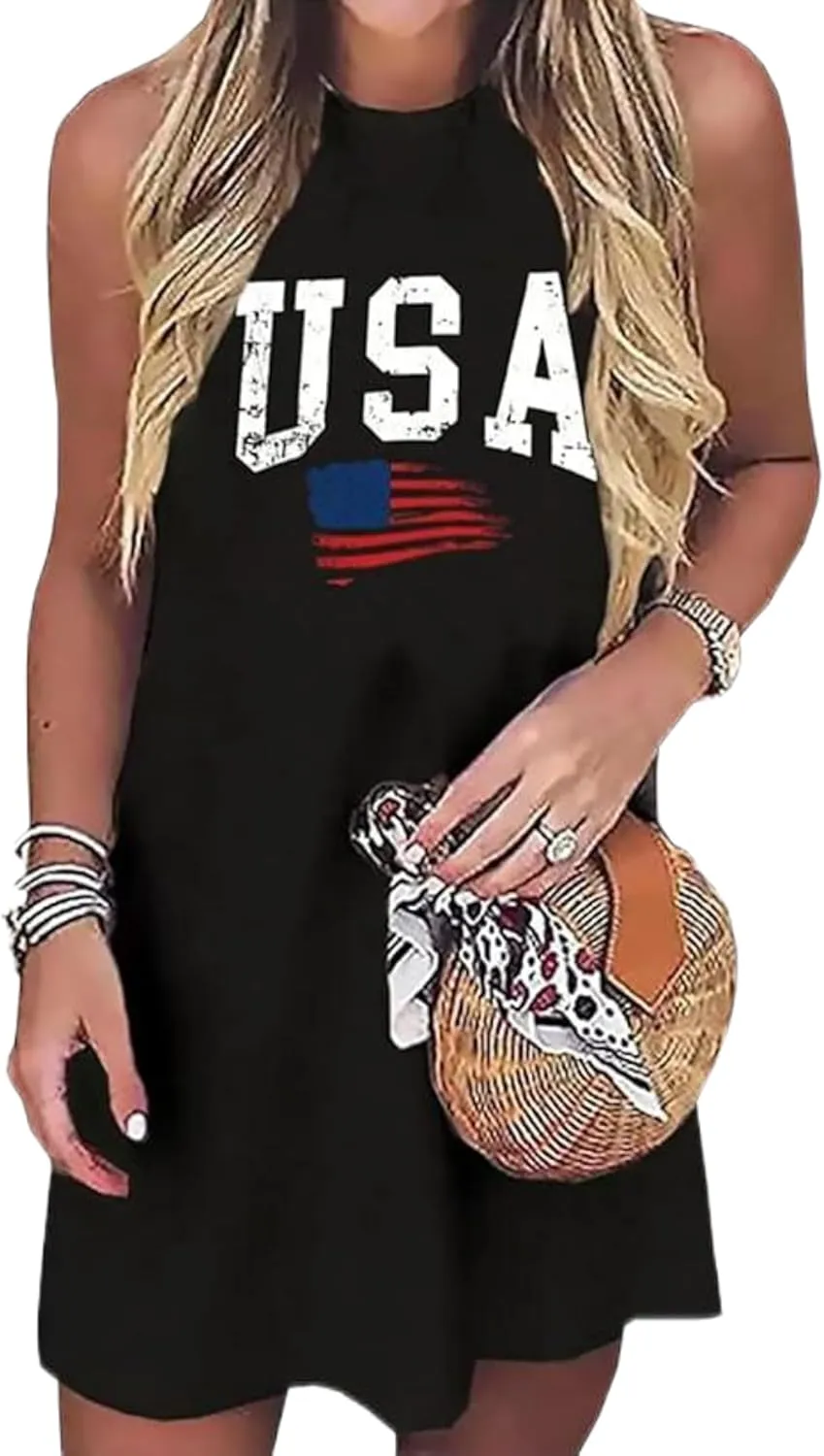 American Flag Mini Dress Women USA Flag July 4th Mini Sleeveless Dress Beach Sundress