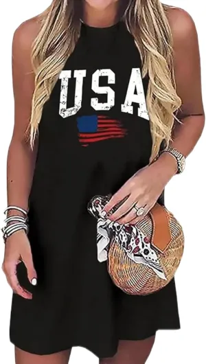 American Flag Mini Dress Women USA Flag July 4th Mini Sleeveless Dress Beach Sundress
