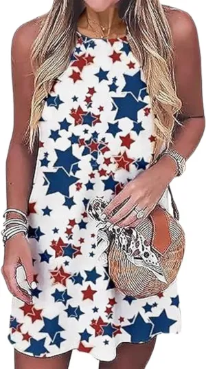 American Flag Mini Dress Women USA Flag July 4th Mini Sleeveless Dress Beach Sundress