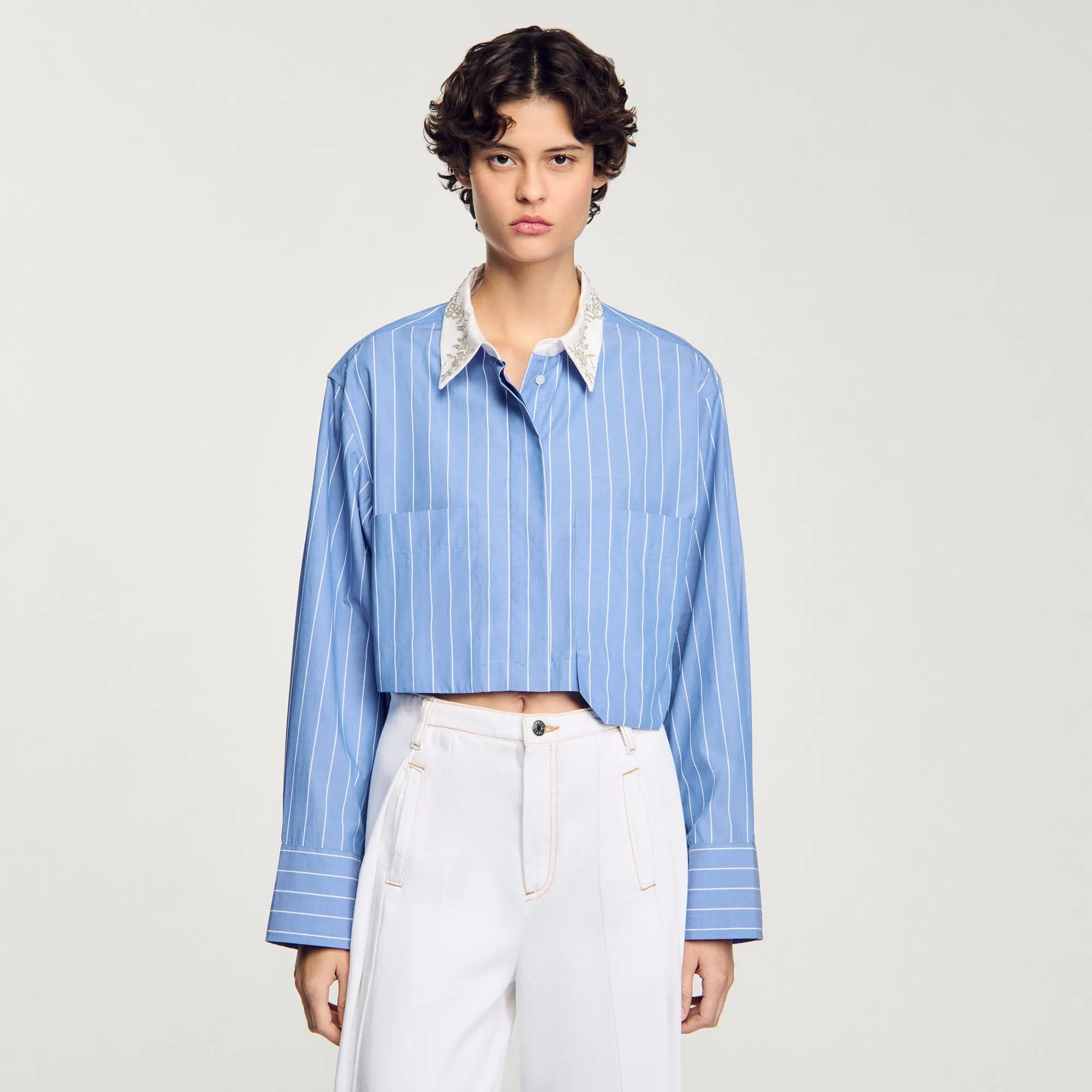 Astrid Striped Cropped Shirt Sky Blue