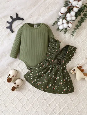 Baby Girl Casual Solid Color Long-Sleeved Bodysuit And Floral Suspender Skirt Suit Autumn And Winter