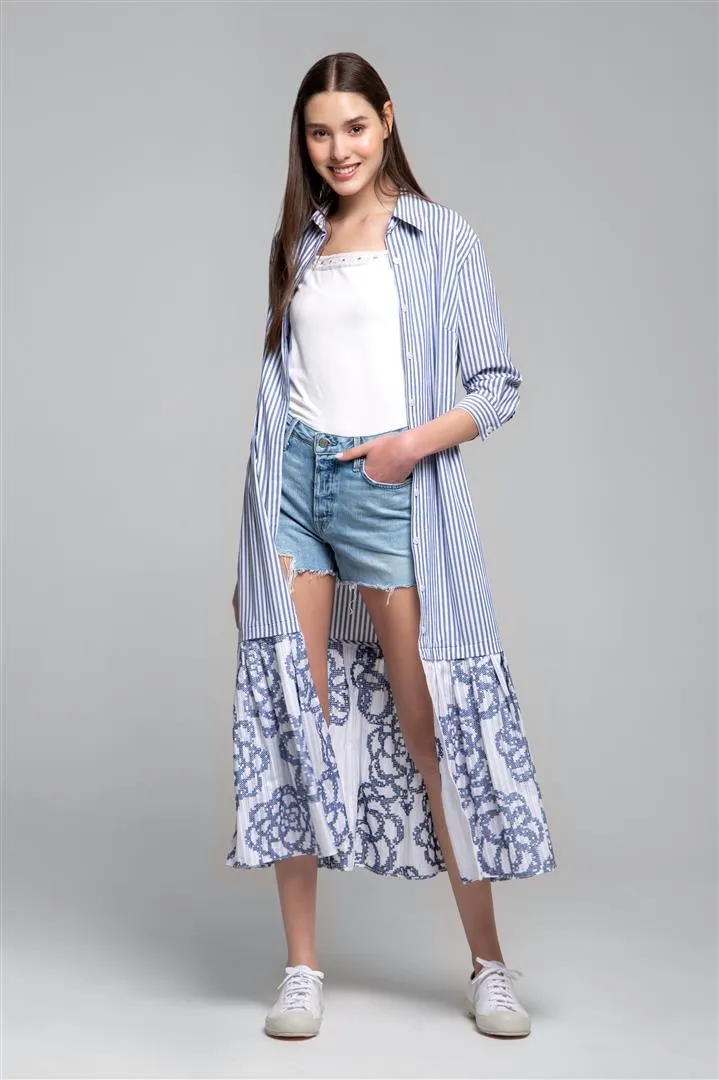 Belted striped shirt dress with embroidered panel
