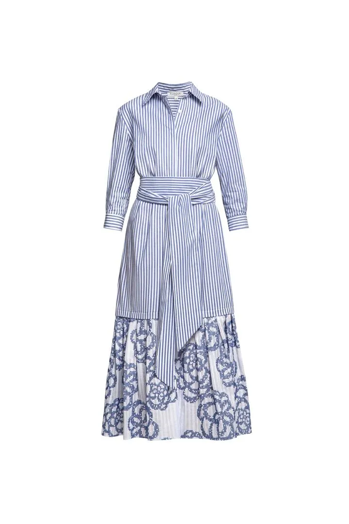 Belted striped shirt dress with embroidered panel