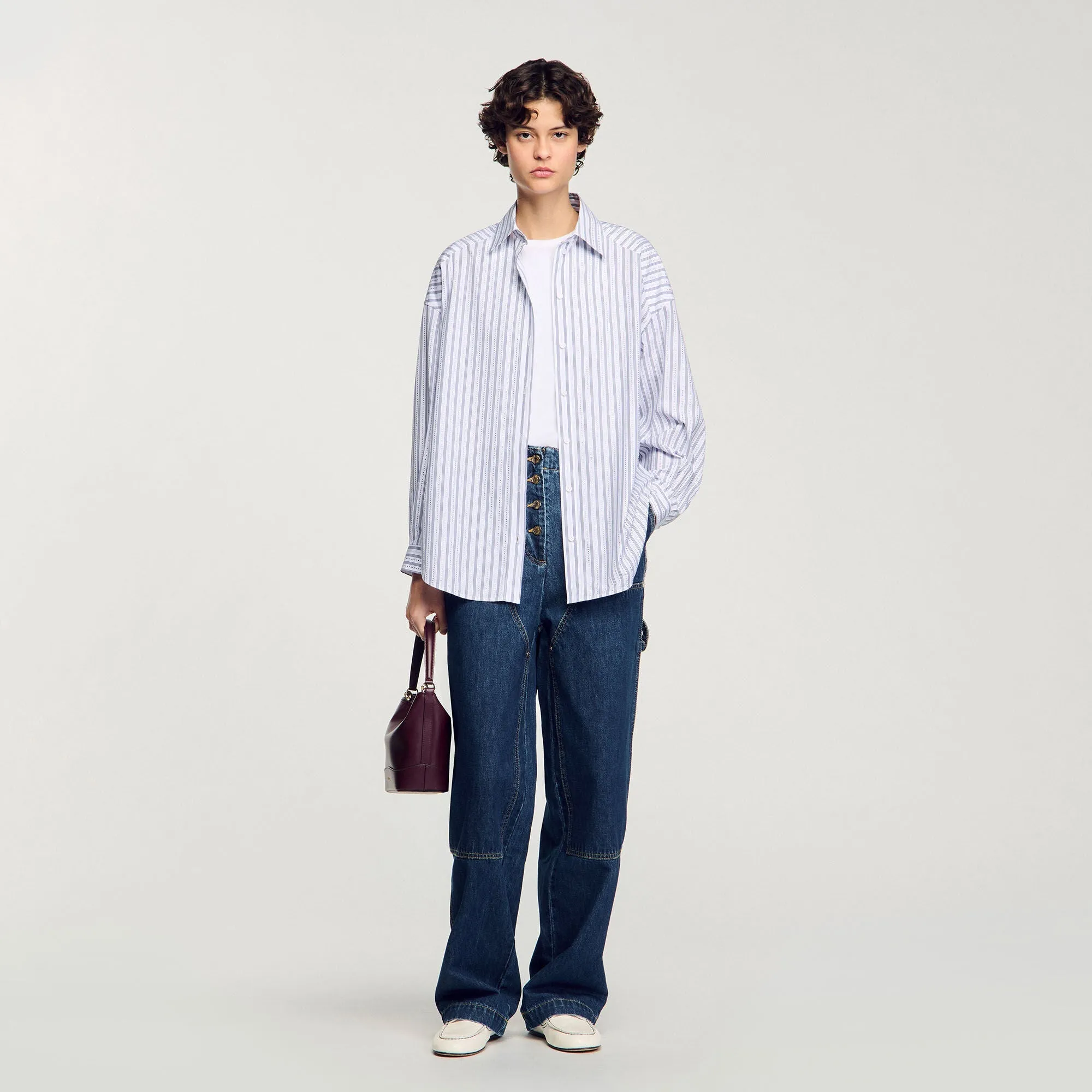 Charlie Striped Rhinestone Shirt White