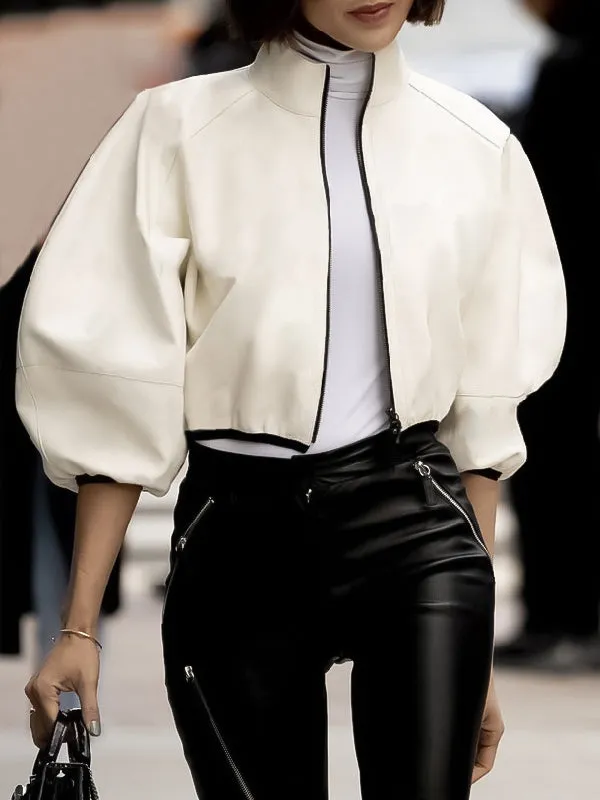 Chicmy-Puff Sleeves Loose Solid Color Zipper Stand Collar Jackets Outerwear