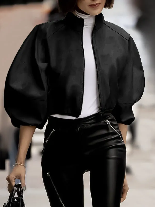 Chicmy-Puff Sleeves Loose Solid Color Zipper Stand Collar Jackets Outerwear