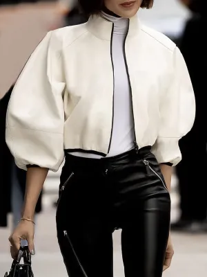 Chicmy-Puff Sleeves Loose Solid Color Zipper Stand Collar Jackets Outerwear