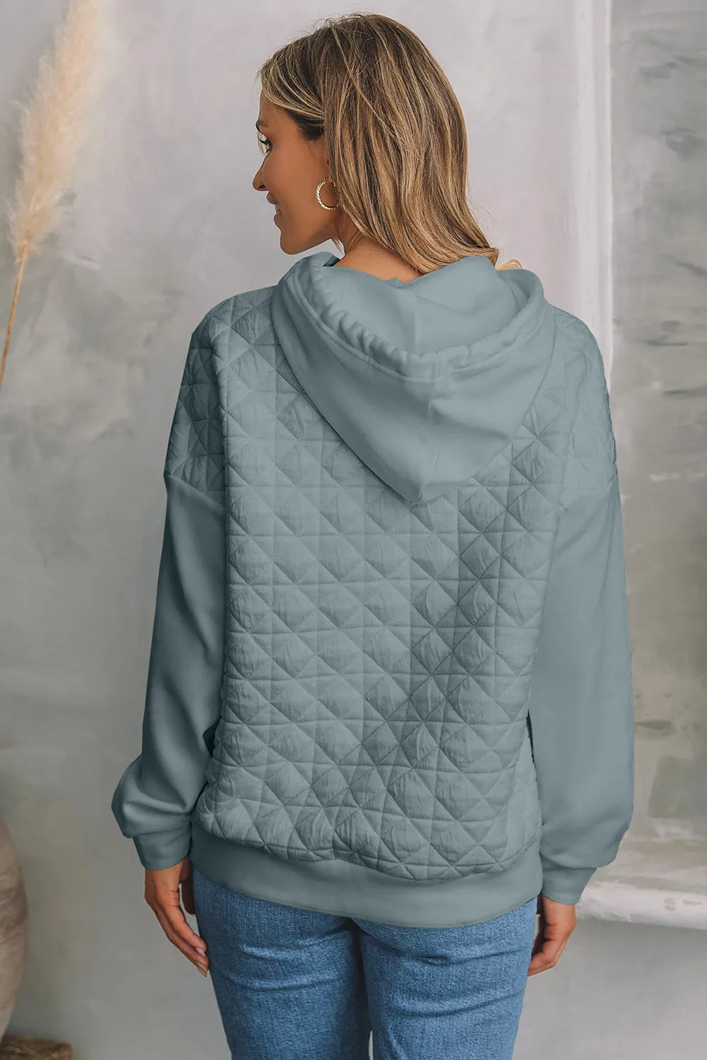 Drop Shoulder Quilted Patchwork Kangaroo Pocket Hoodie