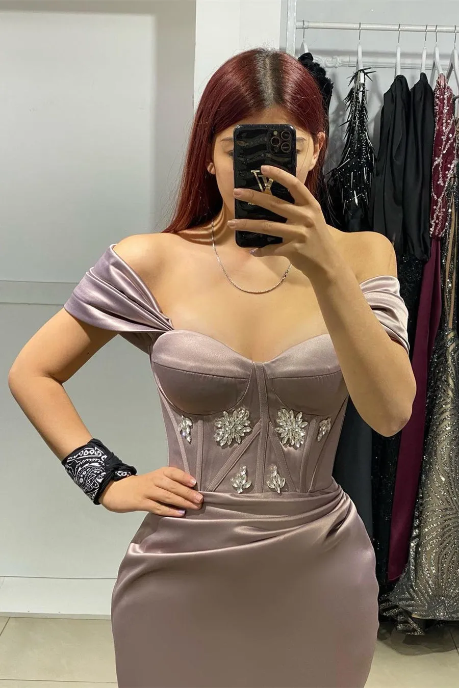 Elegant Long Off-The-Shoulder Satin Mermaid Prom Dress With Rhinestone