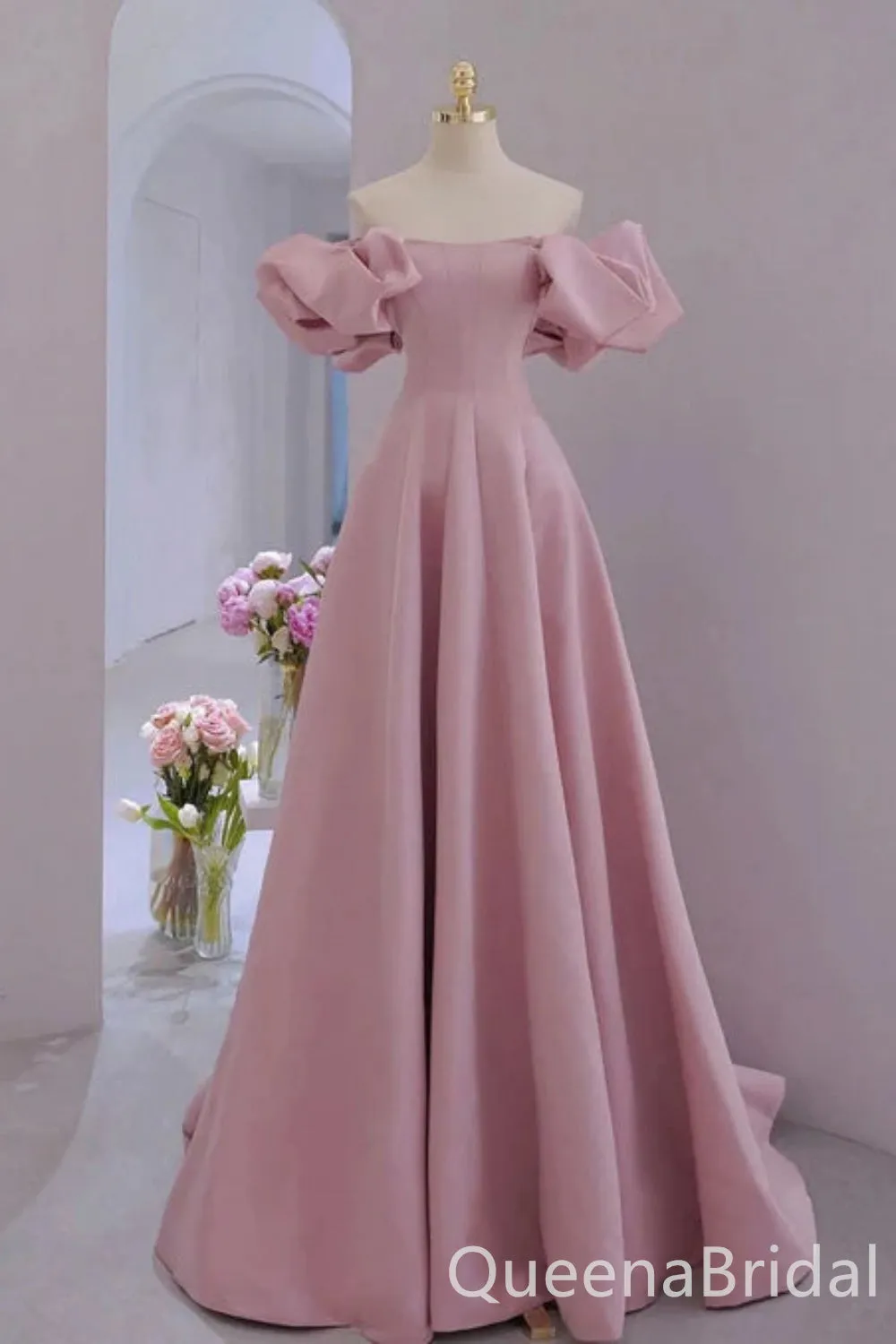 Elegant Pink Off the Shoulder Bubble Sleeves A-line Long Party Dress Long Prom Dresses to Impress ,WGP1402
