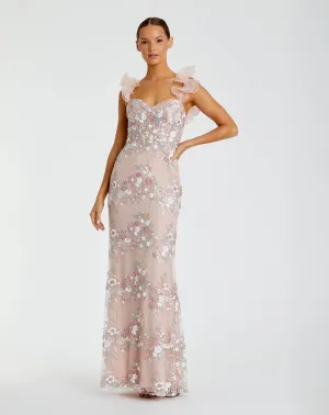 Floral Embroidered Bustier Gown With Ruffle Straps - Pastel Floral