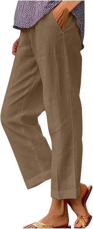 High Waisted Linen Pants for Women Summer Elastic Waist Straight Wide Leg Peasant Trousers Casual Office Pant