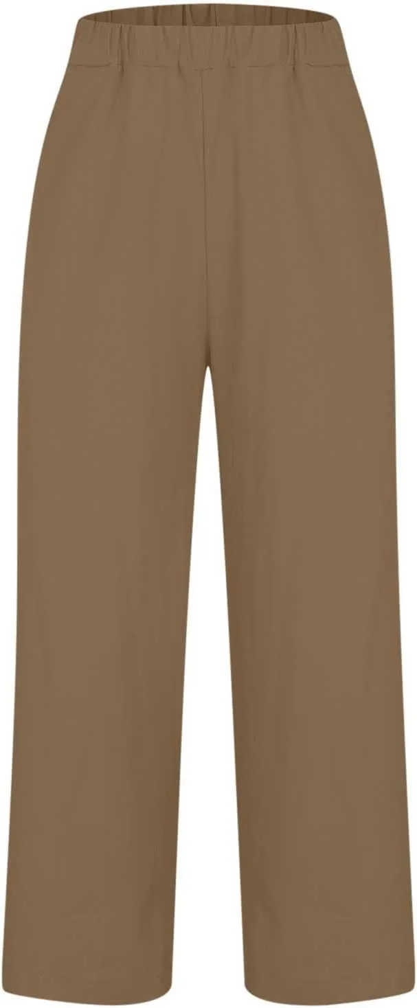 High Waisted Linen Pants for Women Summer Elastic Waist Straight Wide Leg Peasant Trousers Casual Office Pant