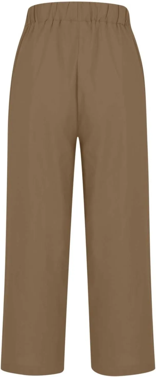 High Waisted Linen Pants for Women Summer Elastic Waist Straight Wide Leg Peasant Trousers Casual Office Pant