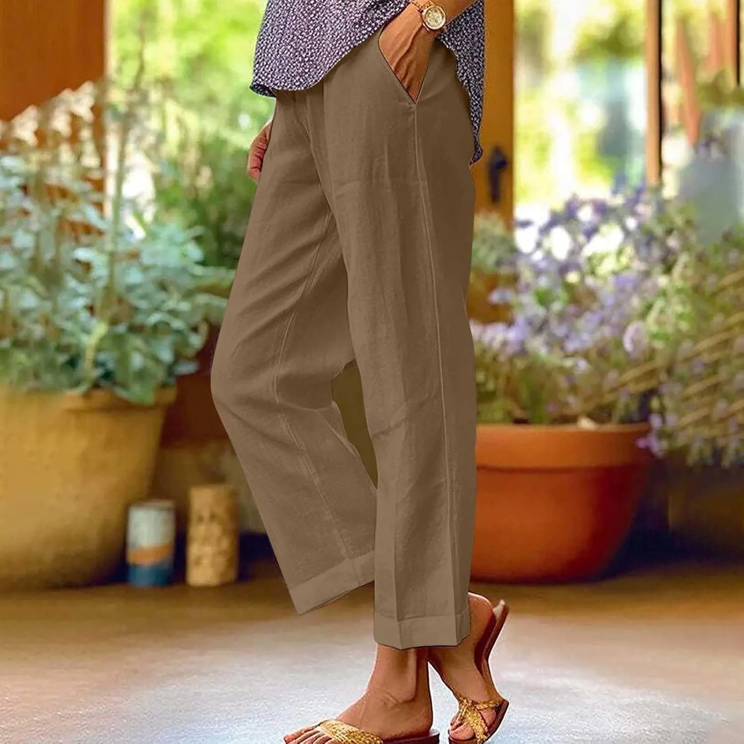 High Waisted Linen Pants for Women Summer Elastic Waist Straight Wide Leg Peasant Trousers Casual Office Pant
