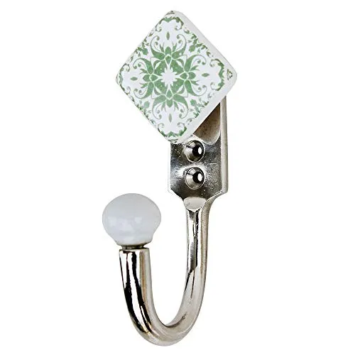 Indianshelf Handmade 1 Artistic Vintage Green Ceramic Square Wall Hooks Hangers/Wall Hooks for Hats