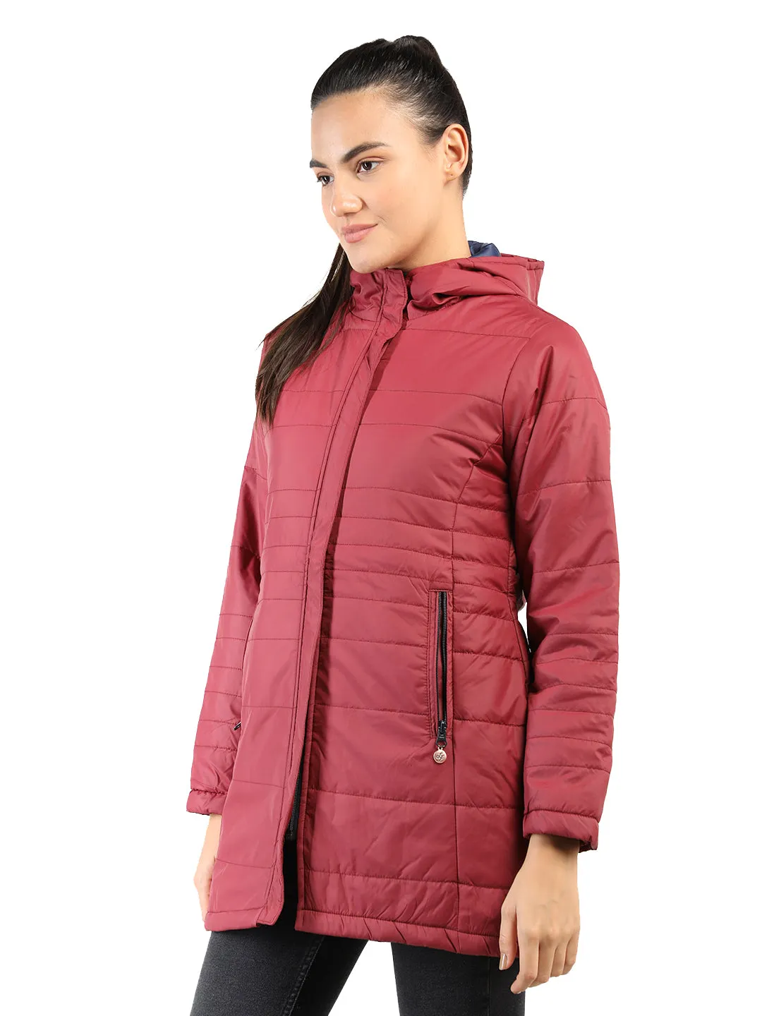 Livfree Ladies Full Sleeve Hoody Solid Regular Fit Jacket- Maroon