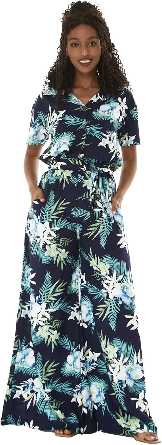 Matchable Couple Hawaiian Luau Shirt or Wide Legged with Pockets Jumpsuit in Orchid Breeze Navy