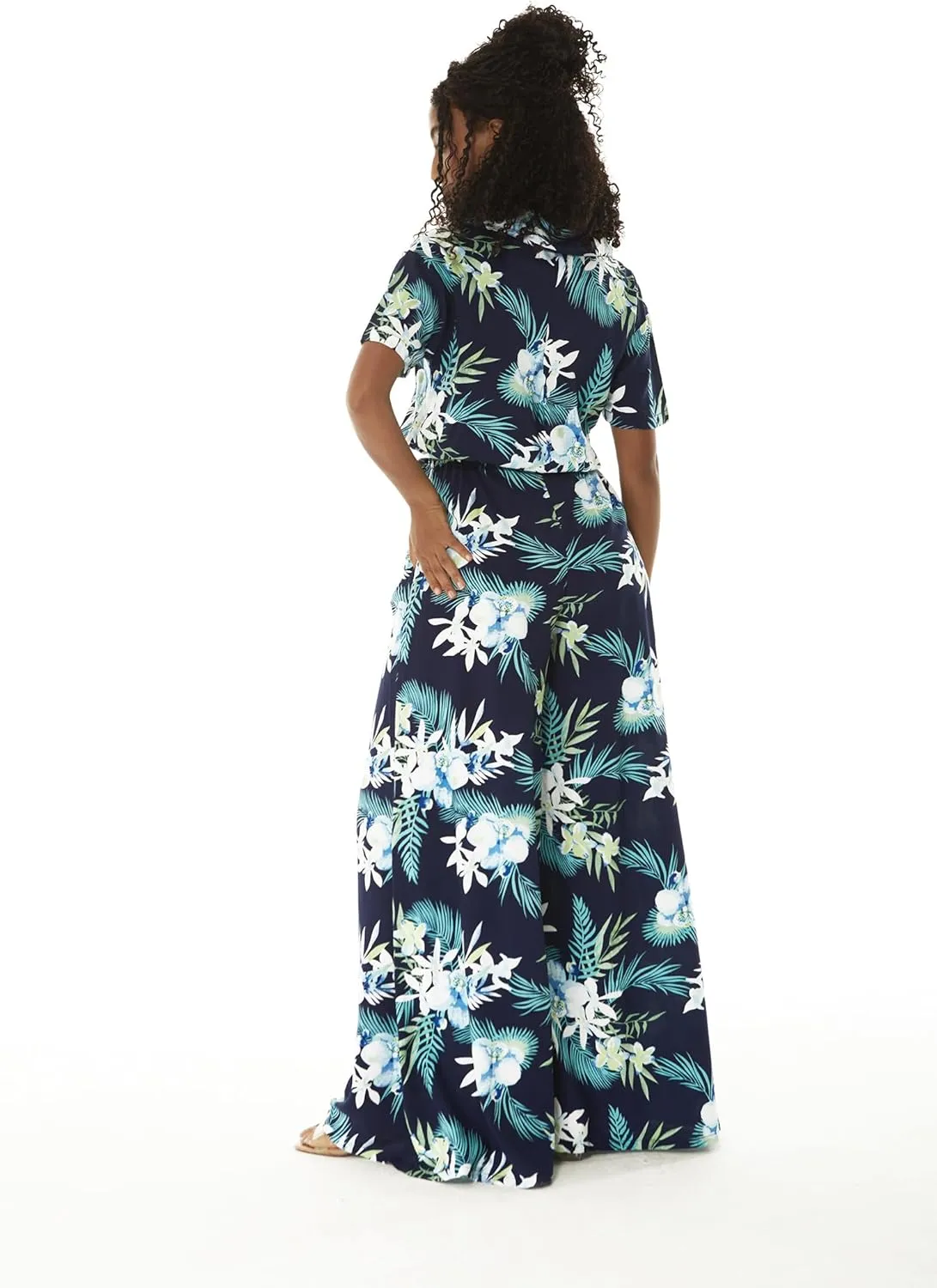Matchable Couple Hawaiian Luau Shirt or Wide Legged with Pockets Jumpsuit in Orchid Breeze Navy
