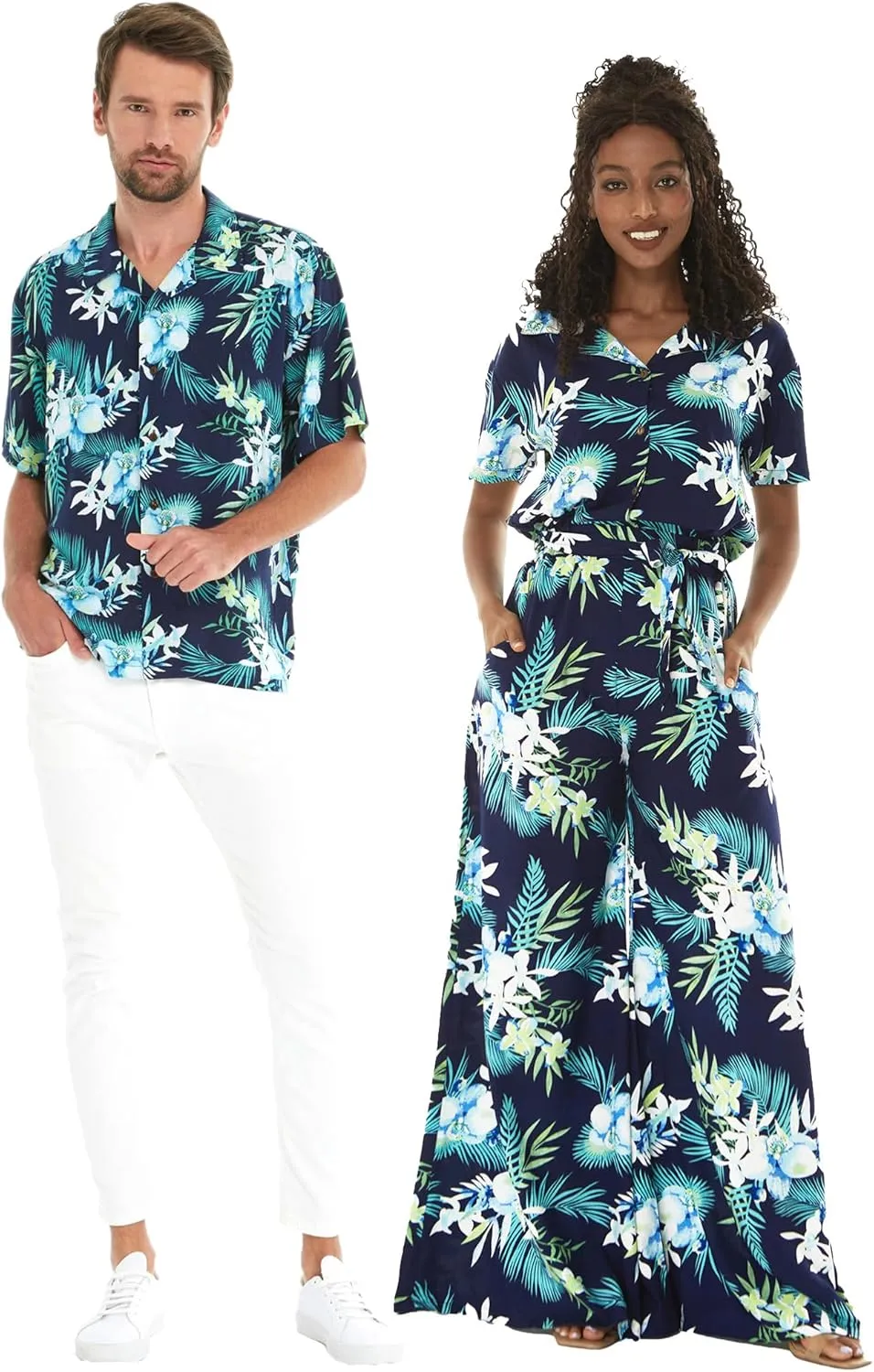 Matchable Couple Hawaiian Luau Shirt or Wide Legged with Pockets Jumpsuit in Orchid Breeze Navy