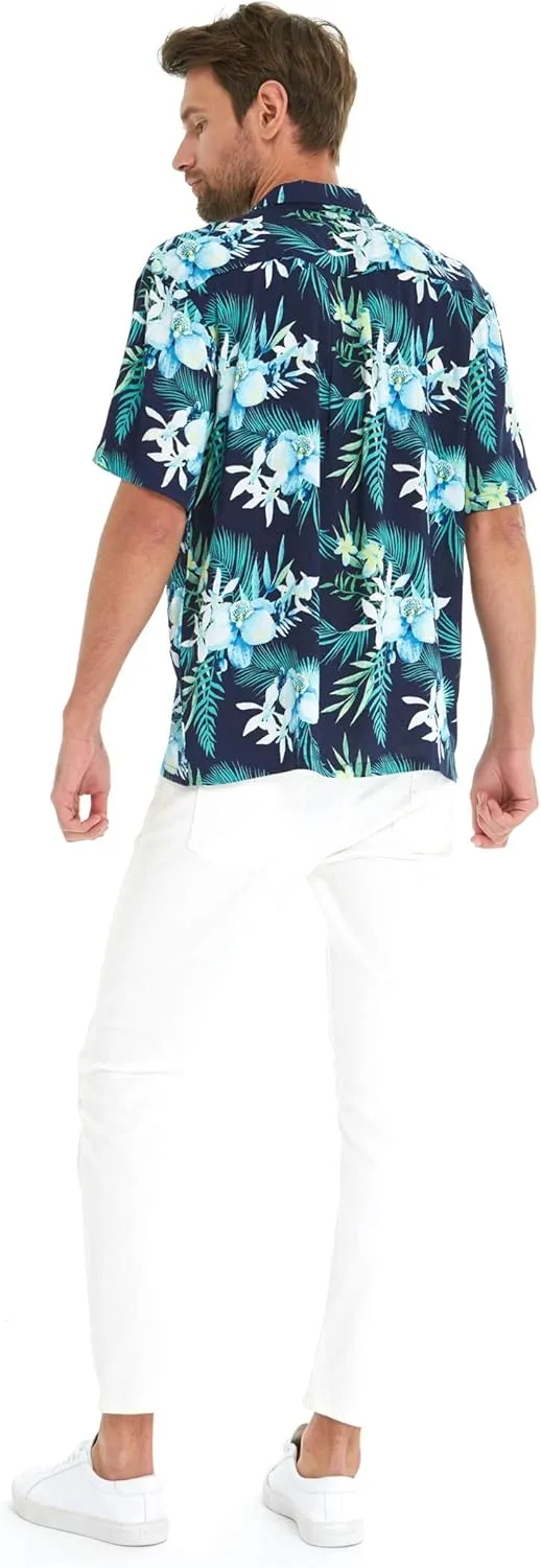 Matchable Couple Hawaiian Luau Shirt or Wide Legged with Pockets Jumpsuit in Orchid Breeze Navy