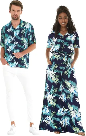 Matchable Couple Hawaiian Luau Shirt or Wide Legged with Pockets Jumpsuit in Orchid Breeze Navy