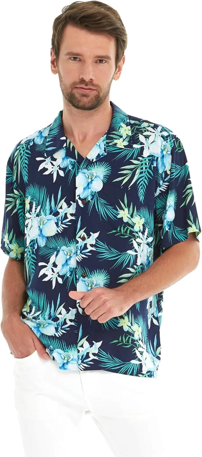 Matchable Couple Hawaiian Luau Shirt or Wide Legged with Pockets Jumpsuit in Orchid Breeze Navy