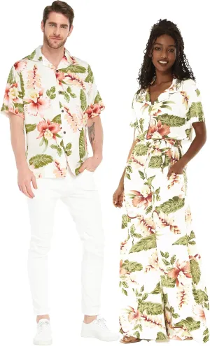 Matchable Couple Hawaiian Luau Shirt or Wide Legged with Pockets Jumpsuit in Rafelsia Cream