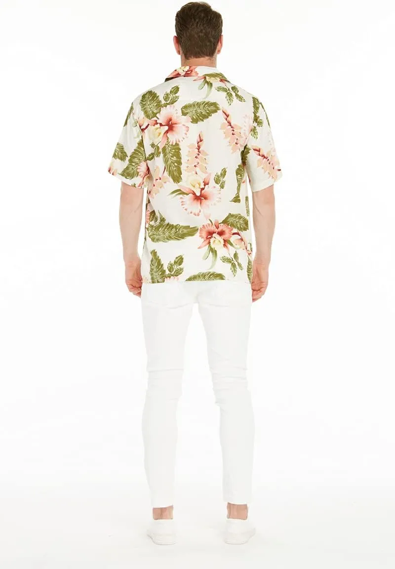 Matchable Couple Hawaiian Luau Shirt or Wide Legged with Pockets Jumpsuit in Rafelsia Cream