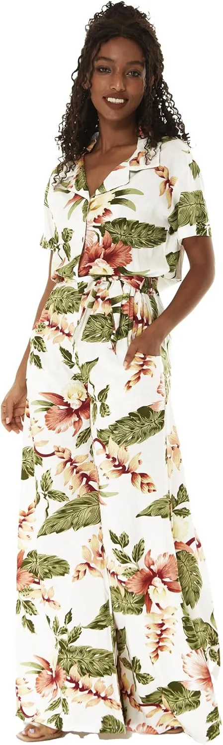 Matchable Couple Hawaiian Luau Shirt or Wide Legged with Pockets Jumpsuit in Rafelsia Cream