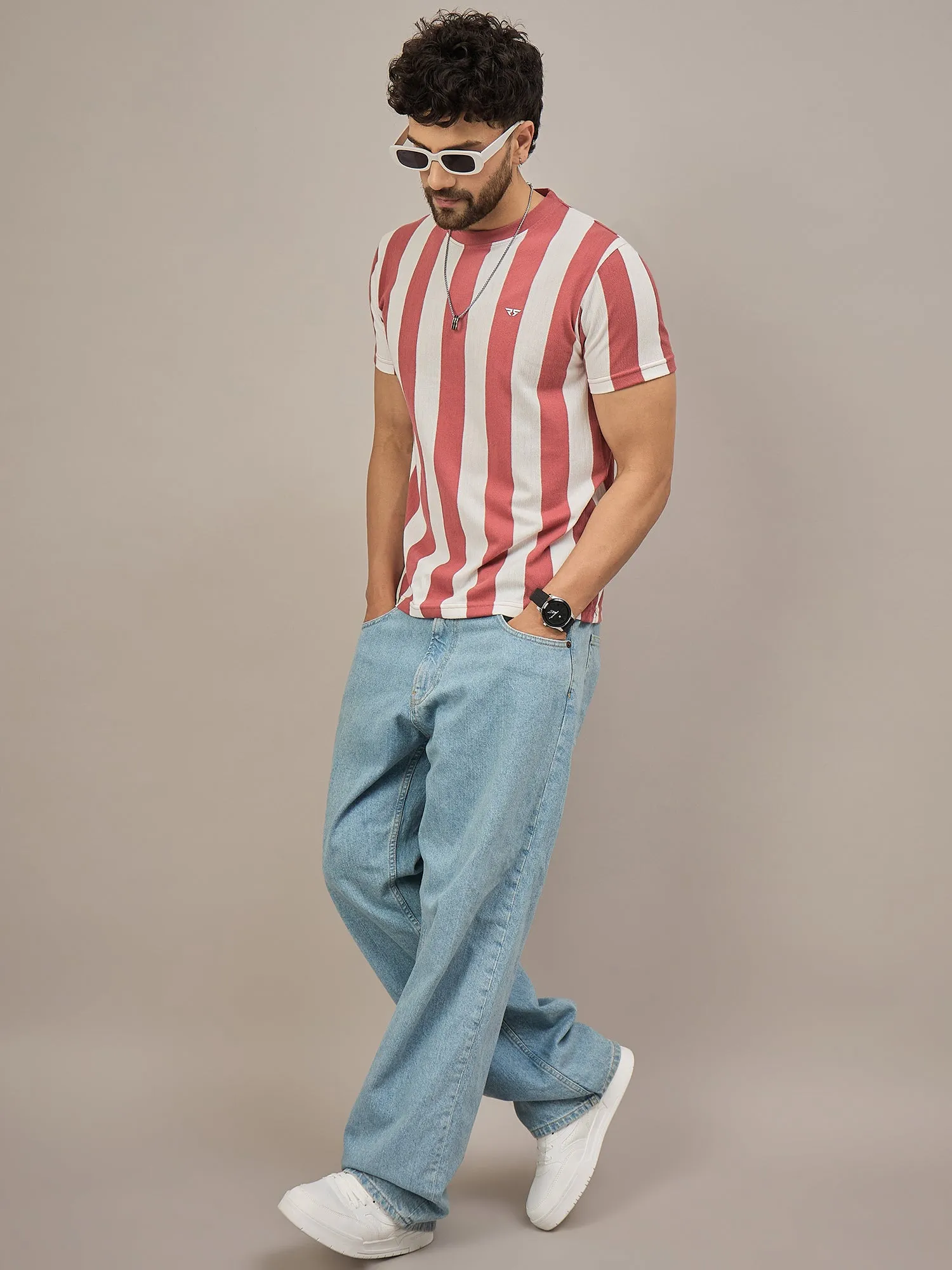 Men Striped T-shirt Rust & White