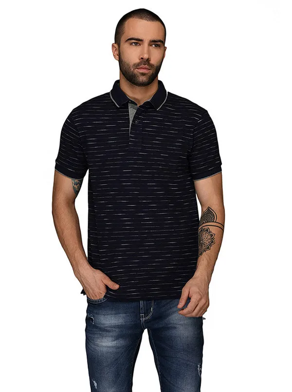 Navy Blue & Grey Striped Slim Fit Polo T-Shirt | JadeBlue