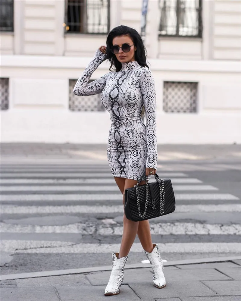 New Elegant Women's Bodycon Slim Pencil Dress snake skin dress autumn women sexy Long Sleeve party mini dresses