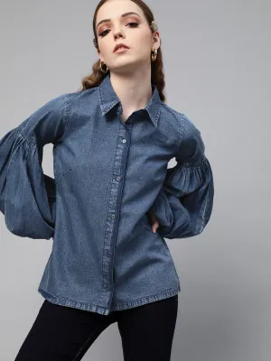 plusS Classic Blue Retro Denim Puff Sleeves Casual Shirt