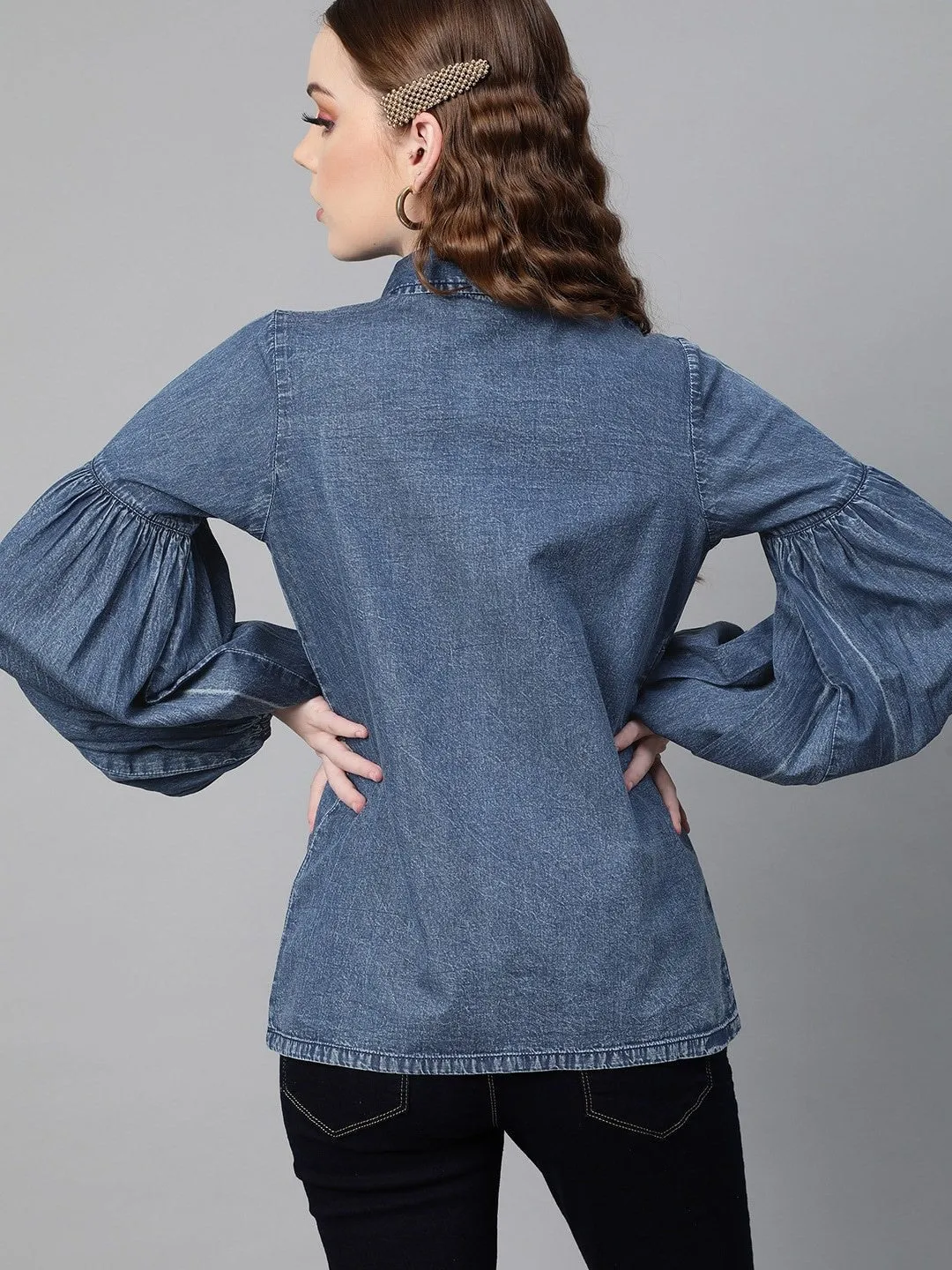 plusS Classic Blue Retro Denim Puff Sleeves Casual Shirt