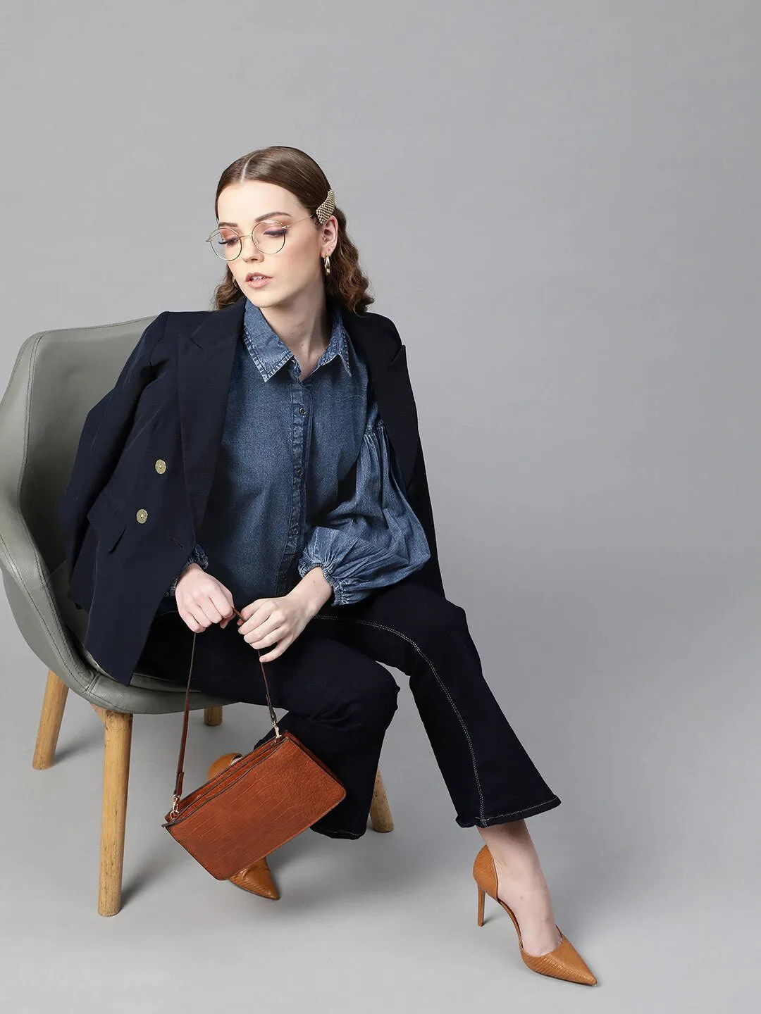 plusS Classic Blue Retro Denim Puff Sleeves Casual Shirt