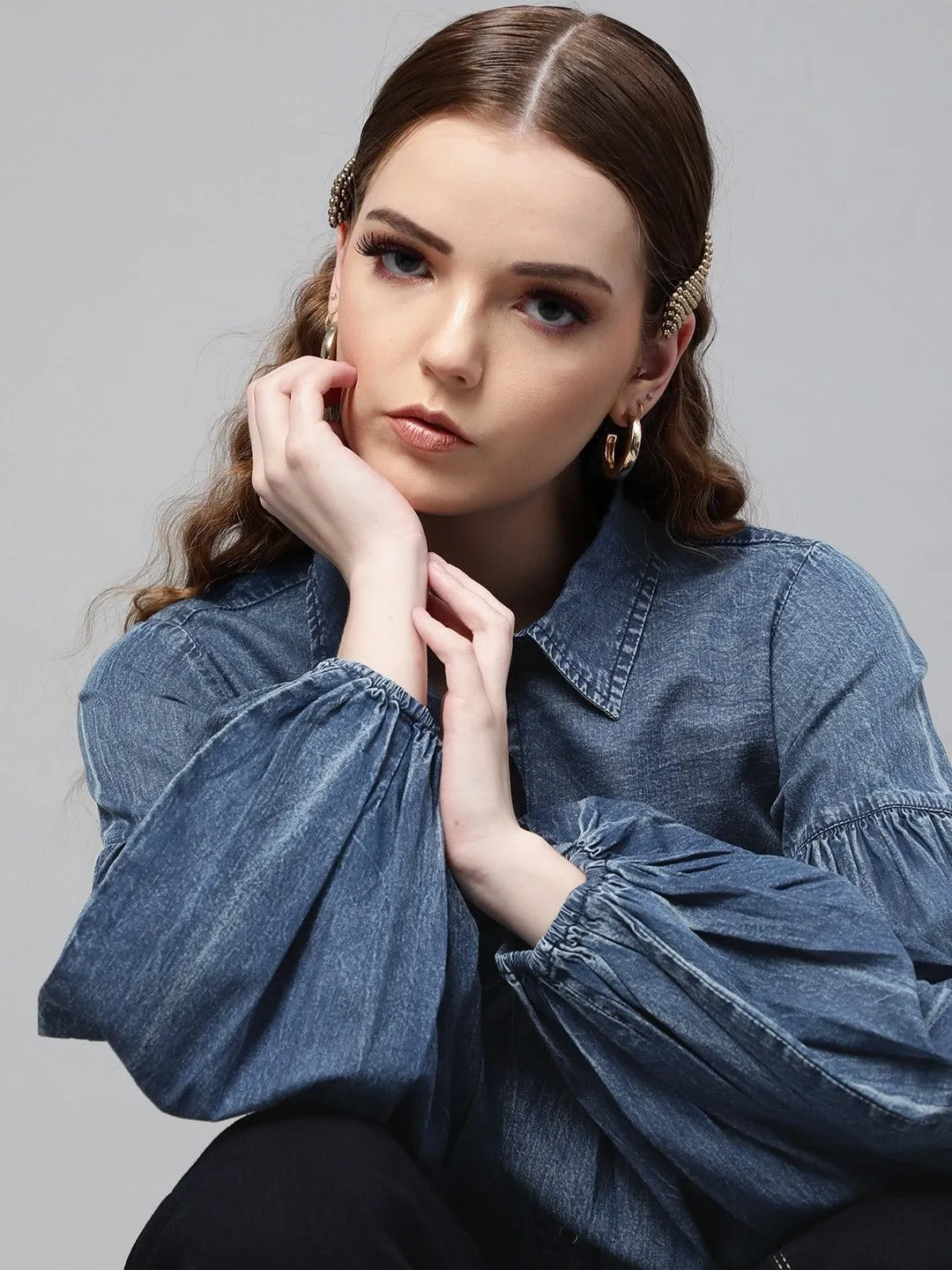 plusS Classic Blue Retro Denim Puff Sleeves Casual Shirt