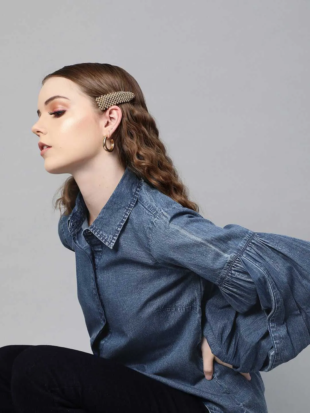 plusS Classic Blue Retro Denim Puff Sleeves Casual Shirt