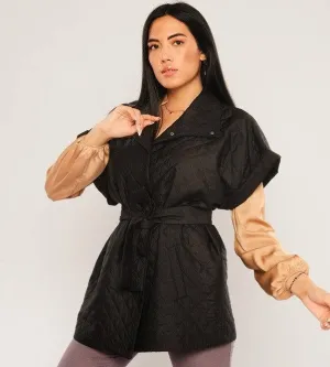 Quilted Short Sleeve Jacket with Belt - Black