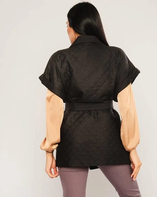 Quilted Short Sleeve Jacket with Belt - Black