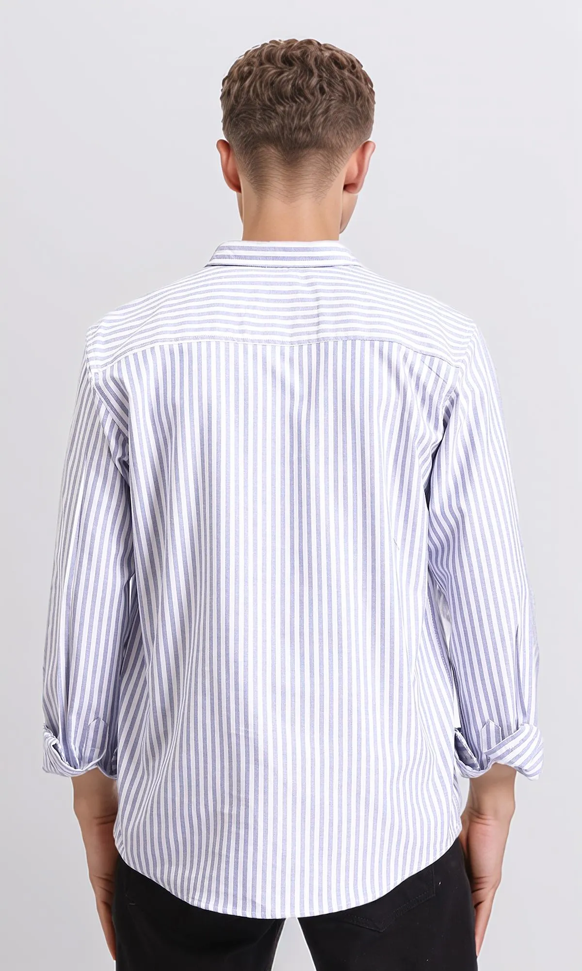 R206959 - Elegant Striped Long Sleeves Shirt - Navy Blue & White