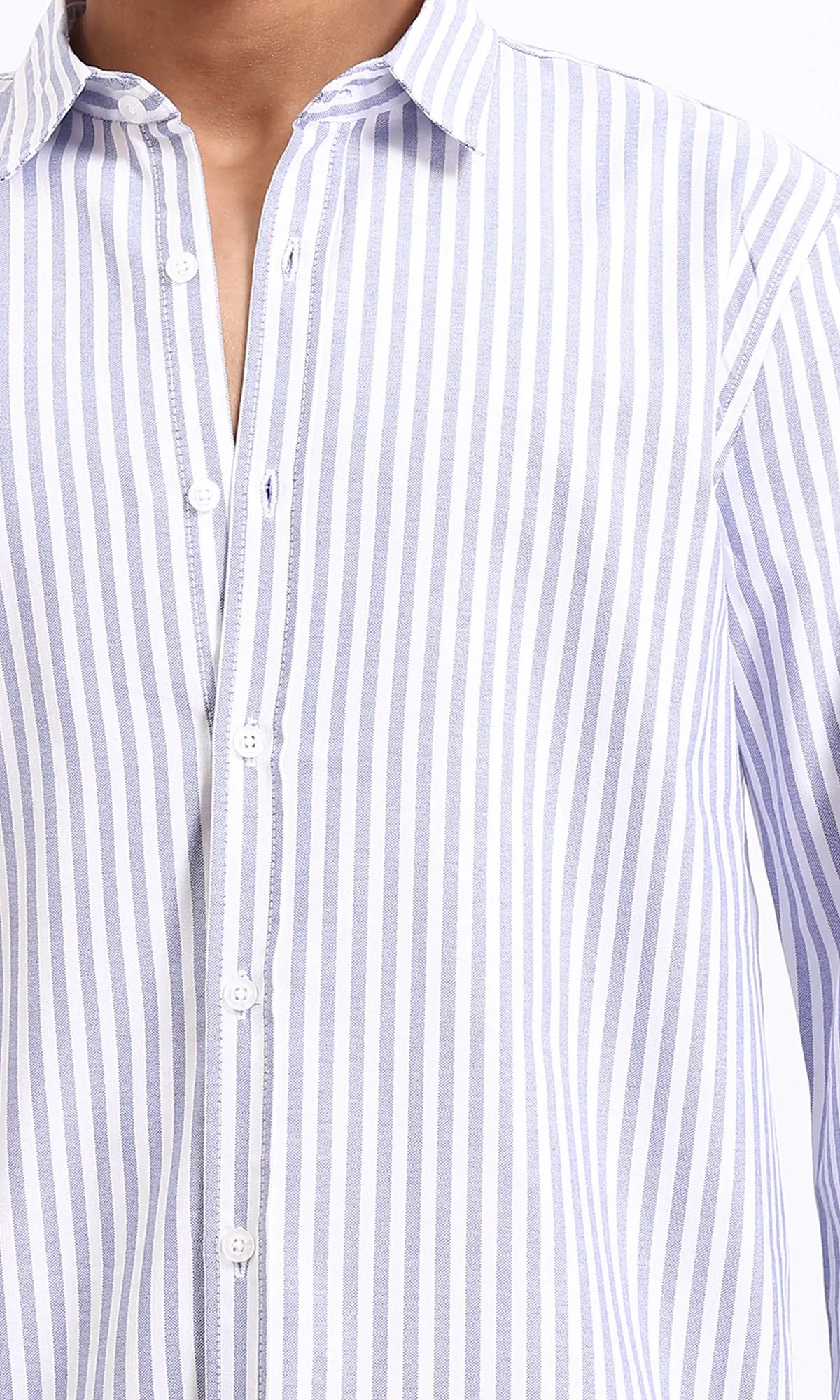 R206959 - Elegant Striped Long Sleeves Shirt - Navy Blue & White