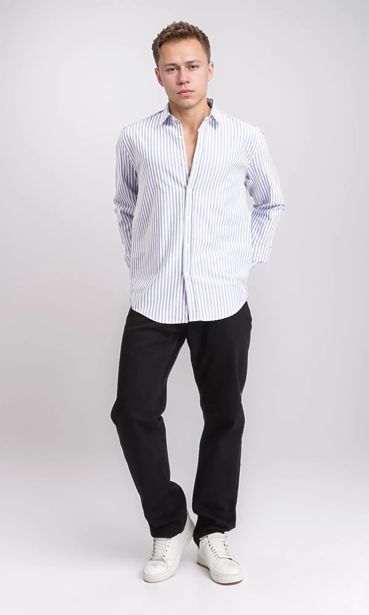 R206959 - Elegant Striped Long Sleeves Shirt - Navy Blue & White